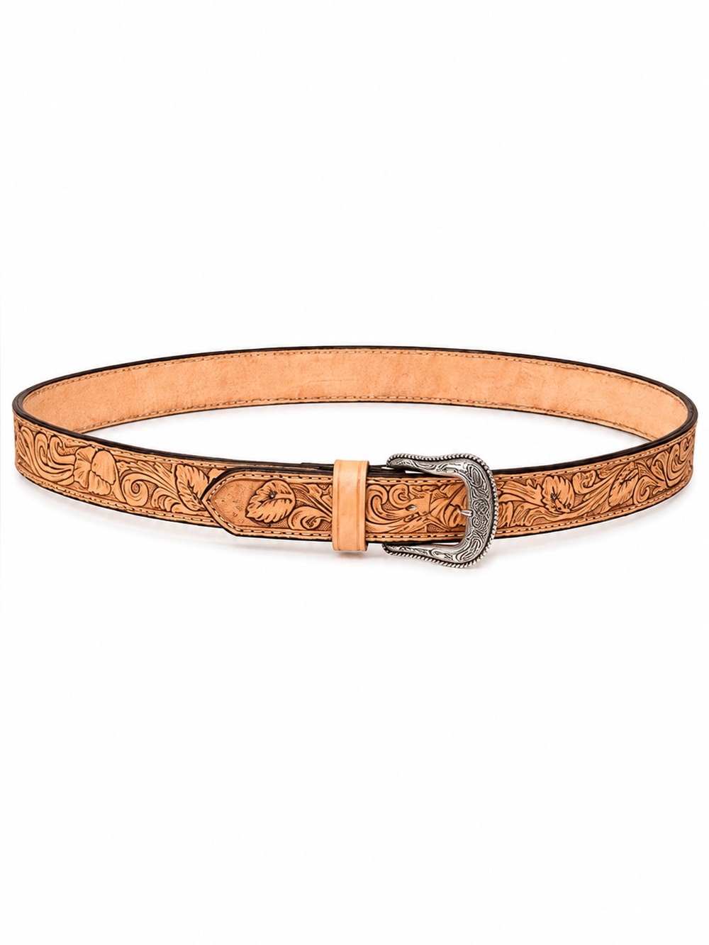 Tooled Leather Belt - Tan handmade